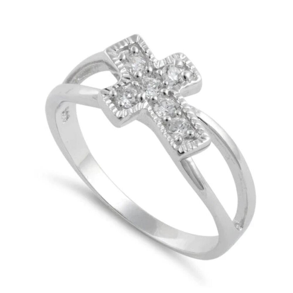Sterling Silver Sideway Cross CZ Ring New